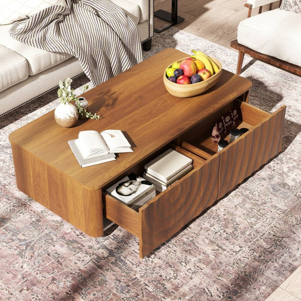 English Elm 47'' Spiral Grain Coffee Table Two Drawer Storage Mid Century Farmhouse Living Room Walnut Brown W2263P412386