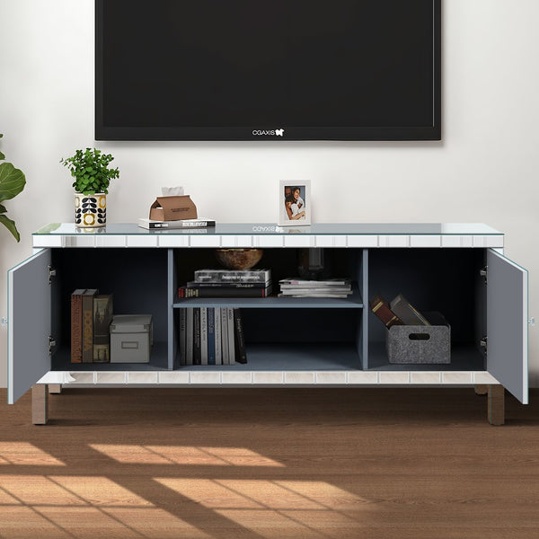 English Elm Mirrored Tv Stand For 65+ Inch Tvs - Glamorous Silver Console With Open Shelves & Stylish Cabinets W1445P204028