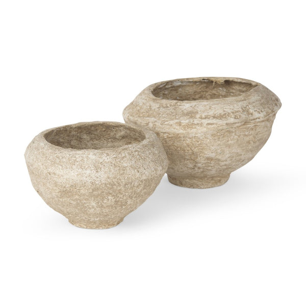 Mercana Sonu Handcrafted Eco-Friendly Paper-Mâché Half-Pot Bowls for Rustic Home Decor and Styling Beige Paper Mache | Set of 2 70217