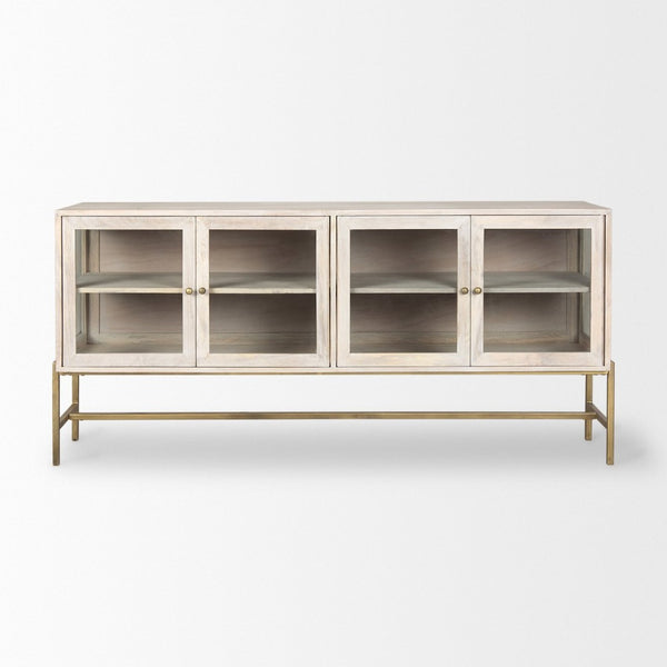 Mercana Arelius Sideboard with Glass Cabinet Doors - Stylish Storage Solution for Modern Living Spaces White Wood | Gold Metal 69295