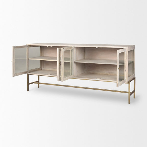Mercana Arelius Sideboard with Glass Cabinet Doors - Stylish Storage Solution for Modern Living Spaces White Wood | Gold Metal 69295