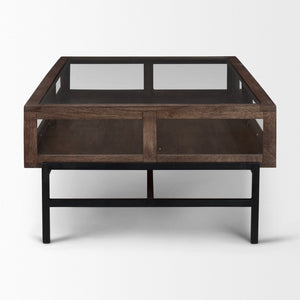 Mercana Arelius 42" Display Coffee Table with Glass Top & Solid Mango Wood Frame for Stylish Living Spaces Medium Brown Wood | Black Metal | Rectangular 69747