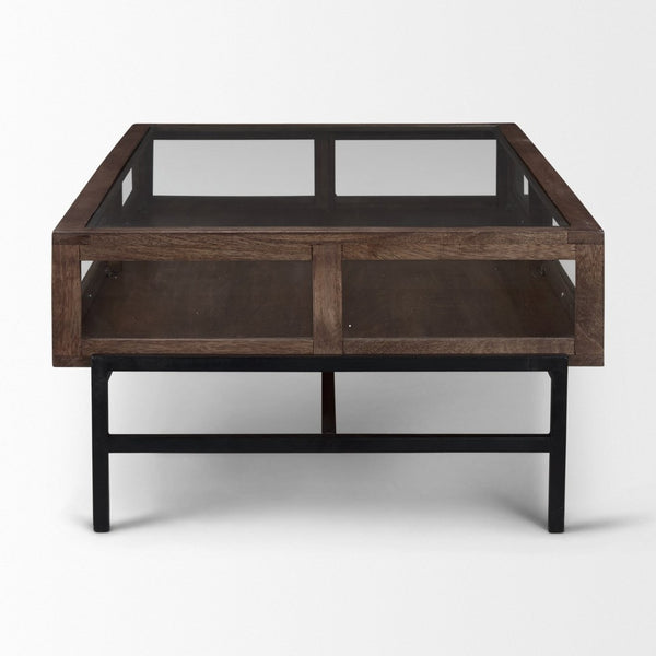 Mercana Arelius 42" Display Coffee Table with Glass Top & Solid Mango Wood Frame for Stylish Living Spaces Medium Brown Wood | Black Metal | Rectangular 69747