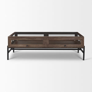 Mercana Arelius 42" Display Coffee Table with Glass Top & Solid Mango Wood Frame for Stylish Living Spaces Medium Brown Wood | Black Metal | Rectangular 69747