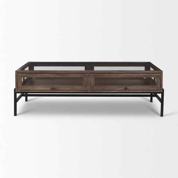 Mercana Arelius 42" Display Coffee Table with Glass Top & Solid Mango Wood Frame for Stylish Living Spaces Medium Brown Wood | Black Metal | Rectangular 69747