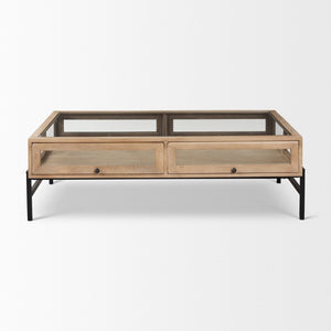 Mercana Arelius 42" Display Coffee Table with Glass Top & Solid Mango Wood Frame for Stylish Living Spaces Light Brown Wood | Black Metal | Rectangular 69748
