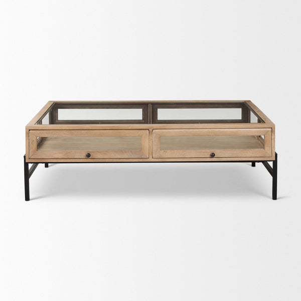 Mercana Arelius 42" Display Coffee Table with Glass Top & Solid Mango Wood Frame for Stylish Living Spaces Light Brown Wood | Black Metal | Rectangular 69748