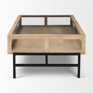 Mercana Arelius 42" Display Coffee Table with Glass Top & Solid Mango Wood Frame for Stylish Living Spaces Light Brown Wood | Black Metal | Rectangular 69748