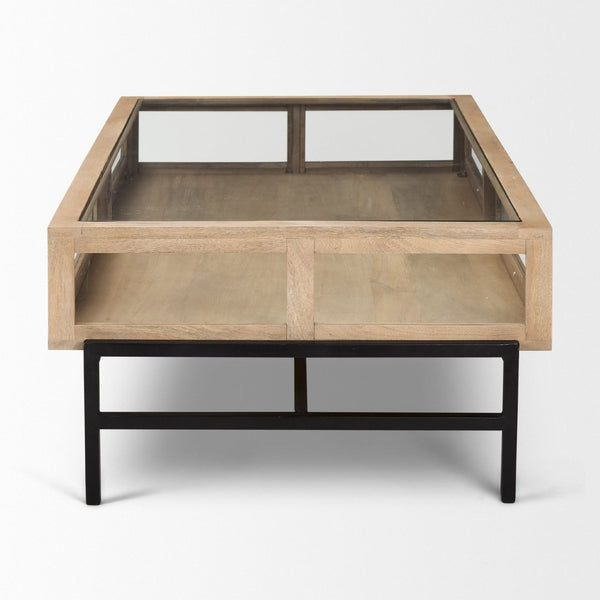 Mercana Arelius 42" Display Coffee Table with Glass Top & Solid Mango Wood Frame for Stylish Living Spaces Light Brown Wood | Black Metal | Rectangular 69748