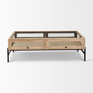 Mercana Arelius 42" Display Coffee Table with Glass Top & Solid Mango Wood Frame for Stylish Living Spaces Light Brown Wood | Black Metal | Rectangular 69748