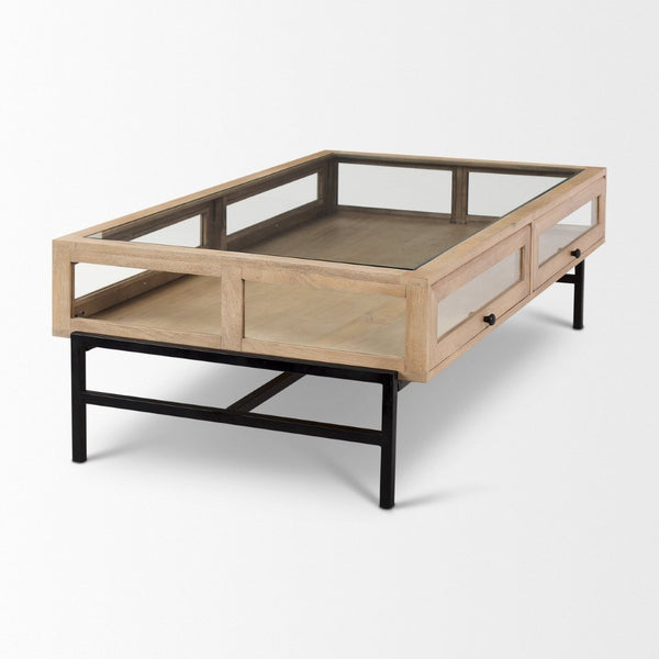 Mercana Arelius 42" Display Coffee Table with Glass Top & Solid Mango Wood Frame for Stylish Living Spaces Light Brown Wood | Black Metal | Rectangular 69748