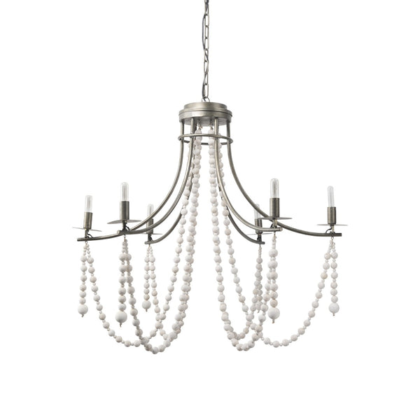Mercana Selma Chandelier - Elegant Whitewashed Wood & Iron Design for Modern Living Spaces and Ambiance White Wood | Silver Metal 70047