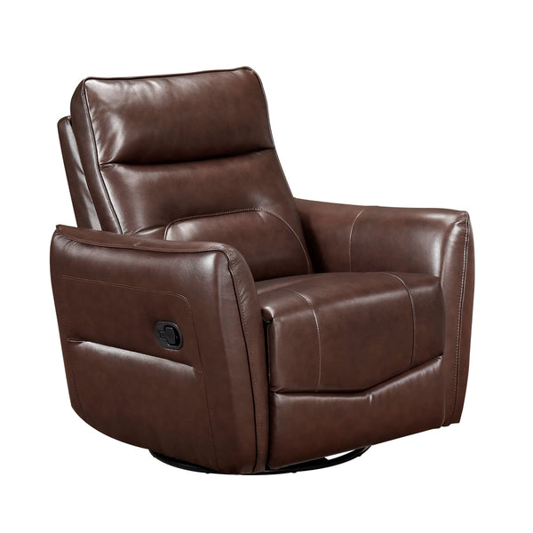 English Elm 1pc Swivel Glider Recliner Chair in Top Grain Leather with 360° Spin, Pocket Coil Support, Durable Solid Wood Frame Brown 37.25 L x 29.5 W x 32.5 H B011P329240