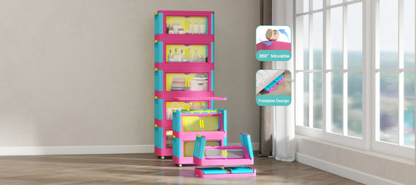 English Elm Happy 20" Side Wide Folding Storage Cabinet with 5 Tiers, Wheels, Magnetic Door, Durable PP Design Pink+Blue W2873P279886