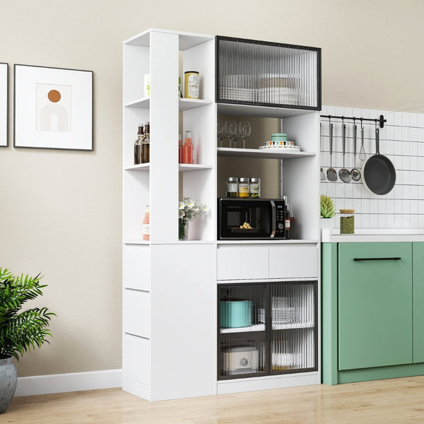 English Elm 70.87"h Tall Storage Cabinet Glass Panel Doors Asymmetric Drawers Modern Hallway Organizer W331S00204
