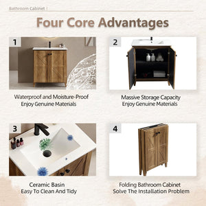English Elm 30 Inch Floating Bathroom Vanity Fluted Wood Grain Front with Ceramic Integrated Sink Golden Oak W3520S00033