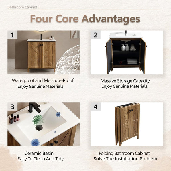 English Elm 30 Inch Floating Bathroom Vanity Fluted Wood Grain Front with Ceramic Integrated Sink Golden Oak W3520S00033