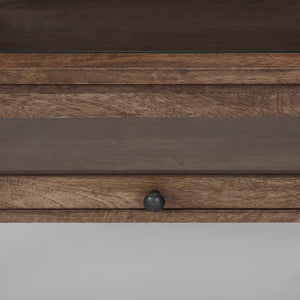 Mercana Arelius 42" Display Coffee Table with Glass Top & Solid Mango Wood Frame for Stylish Living Spaces Medium Brown Wood | Black Metal | Rectangular 69747