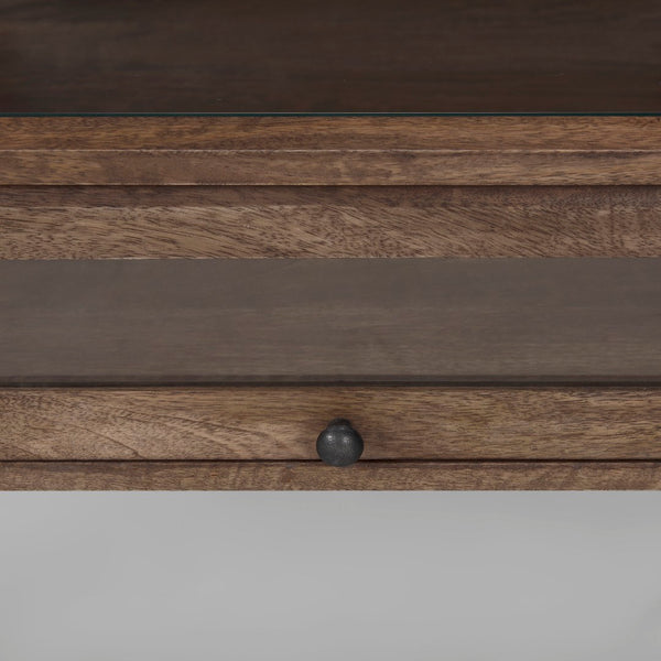 Mercana Arelius 42" Display Coffee Table with Glass Top & Solid Mango Wood Frame for Stylish Living Spaces Medium Brown Wood | Black Metal | Rectangular 69747