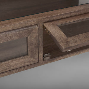 Mercana Arelius 42" Display Coffee Table with Glass Top & Solid Mango Wood Frame for Stylish Living Spaces Medium Brown Wood | Black Metal | Rectangular 69747