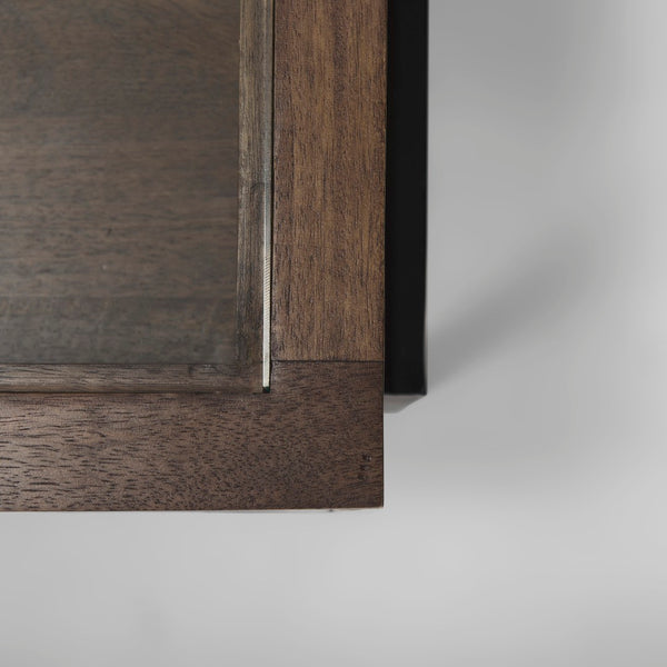 Mercana Arelius 42" Display Coffee Table with Glass Top & Solid Mango Wood Frame for Stylish Living Spaces Medium Brown Wood | Black Metal | Rectangular 69747