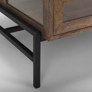 Mercana Arelius 42" Display Coffee Table with Glass Top & Solid Mango Wood Frame for Stylish Living Spaces Medium Brown Wood | Black Metal | Rectangular 69747