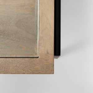 Mercana Arelius 42" Display Coffee Table with Glass Top & Solid Mango Wood Frame for Stylish Living Spaces Light Brown Wood | Black Metal | Rectangular 69748