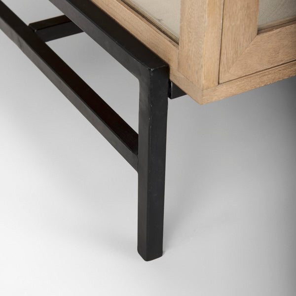 Mercana Arelius 42" Display Coffee Table with Glass Top & Solid Mango Wood Frame for Stylish Living Spaces Light Brown Wood | Black Metal | Rectangular 69748