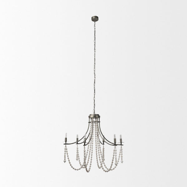 Mercana Selma Chandelier - Elegant Whitewashed Wood & Iron Design for Modern Living Spaces and Ambiance White Wood | Silver Metal 70047