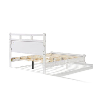 English Elm Queen Farmhouse Platform Bed Antique White Wood Grain Two-tiered Headboard Solid Frame N758P369329W