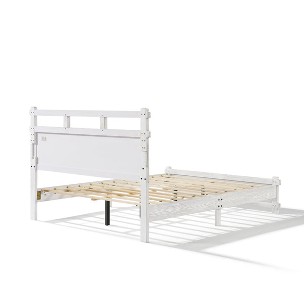 English Elm Queen Farmhouse Platform Bed Antique White Wood Grain Two-tiered Headboard Solid Frame N758P369329W