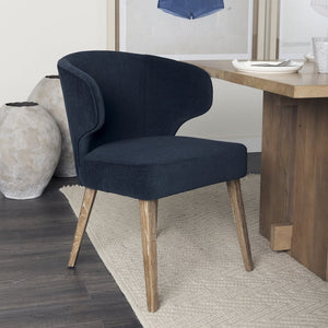 Mercana Niles Wingback Dining Chair - Stylish Comfort with Curved Design and Durable Wooden Legs for Any Space Navy Blue Fabric | Medium Brown Wood 69400