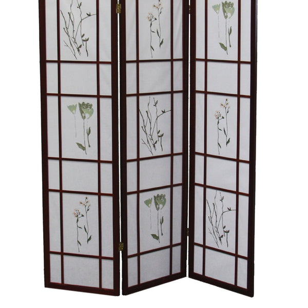 English Elm 70" Elegant 3-Panel Shoji Room Divider In Cherry Finish – Traditional Privacy Screen With Floral Design B072115968