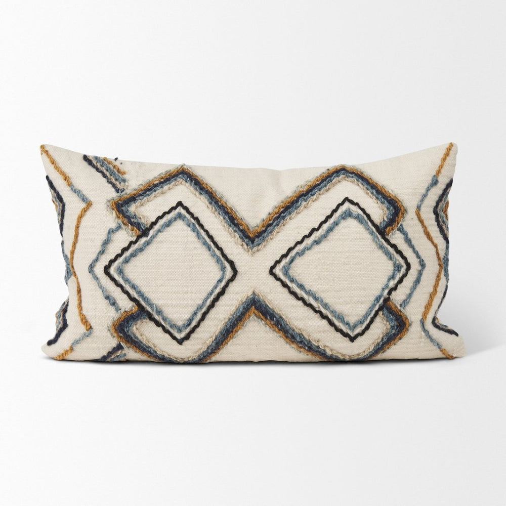 Mercana Kitt Square Pillow Cover - Handwoven Wool Accent with Bold Geometric Design for Stylish Interiors Cream | Embroidered | 14x26 70335