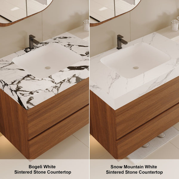 English Elm 29.9" Floating Bathroom Vanity Sintered Stone Top Soft Close Drawers Bronze Gold Hardware W3136S00041