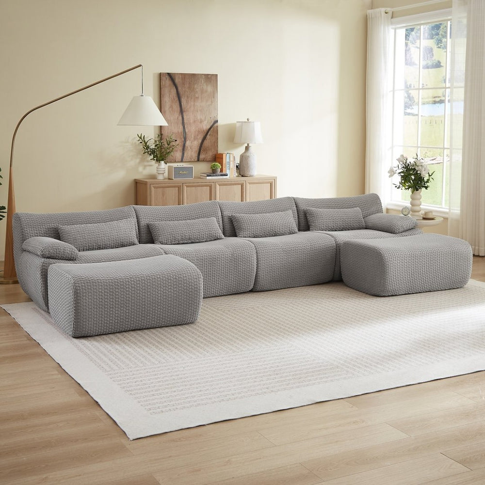 English Elm Sectional U-shaped Corduroy Sofa with Ottoman Convertible Layout for Any Living Room Grey W2339S00154