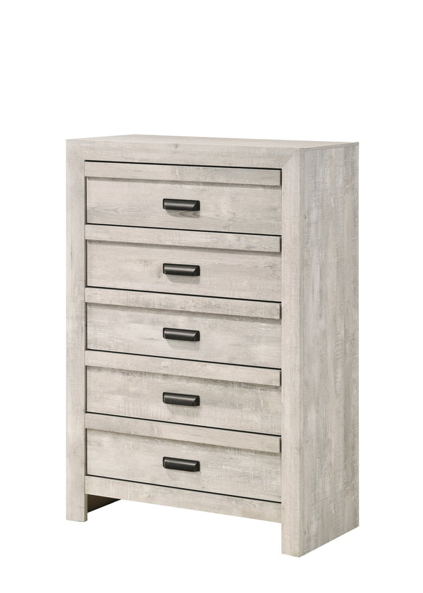 English Elm 1pc Contemporary Five-Drawer Chest with Wood Grain Finish, Slim Profile Storage Solution for Bedroom Beige Gray+White 33.82 L x 18.19 W x 51.37 H B011P368145
