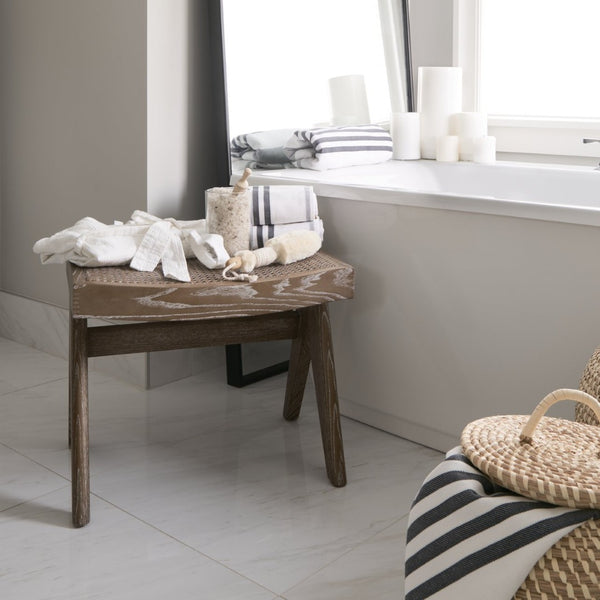 Mercana Arvin Solid Wood Stool with Woven Cane Seat - Classic Design for Versatile Home Décor and Comfort Brown Wood 70072