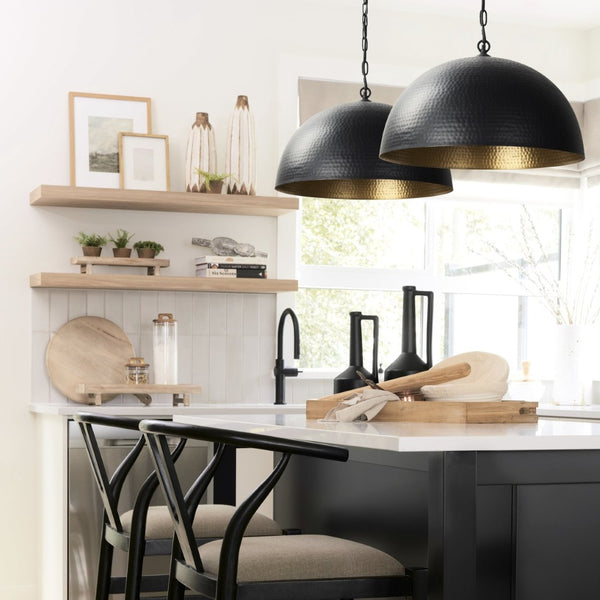 Mercana Karina Pendant Light – Stunning Hammered Dome Design in Matte Black with Luxurious Gold Interior Finish Matte Black | 24" Round 70057