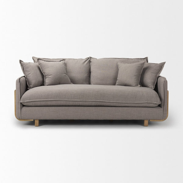 Mercana Roy 84" Upholstered Three-Seater Sofa with Detachable Cushions and Throw Pillows for Ultimate Comfort Flint Gray Fabric | Brown Wood 68710