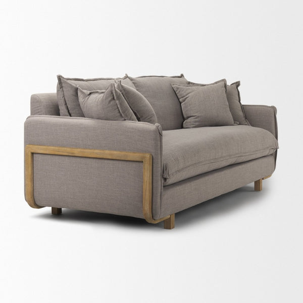 Mercana Roy 84" Upholstered Three-Seater Sofa with Detachable Cushions and Throw Pillows for Ultimate Comfort Flint Gray Fabric | Brown Wood 68710