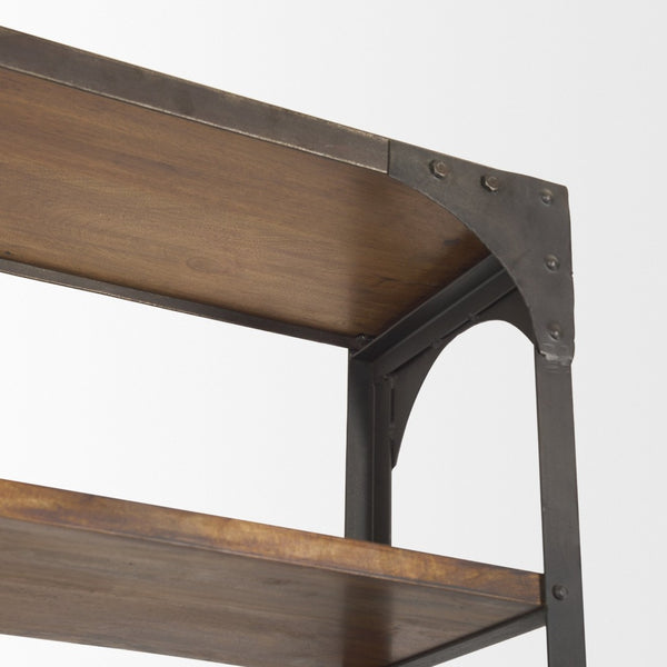 Mercana Brodie II Industrial Four-Shelf Shelving Unit with Sliding Ladder for Stylish Home Storage Solutions Medium Brown Wood | Black Metal | 57L 50031-AB