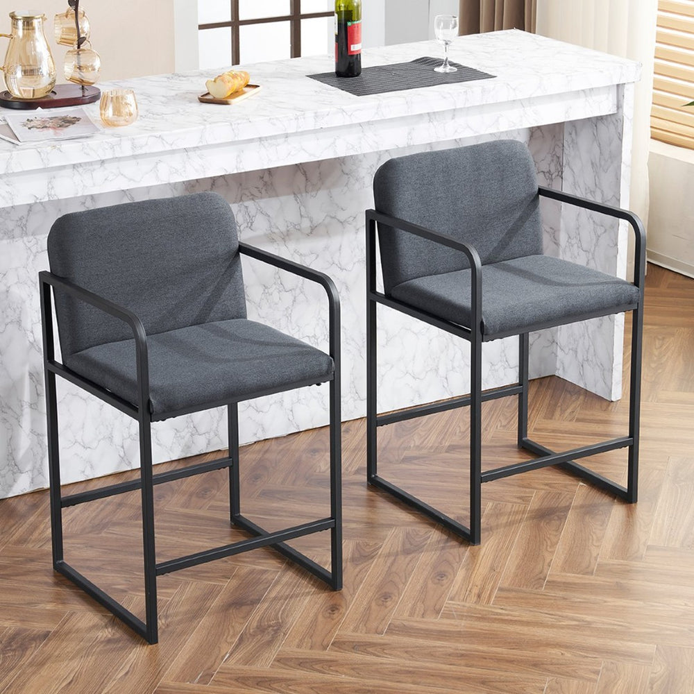 English Elm Set Of 2 Stylish Dark Gray Upholstered Counter Height Bar Stools With Armrests For Modern Dining W1901P225274-GIGA