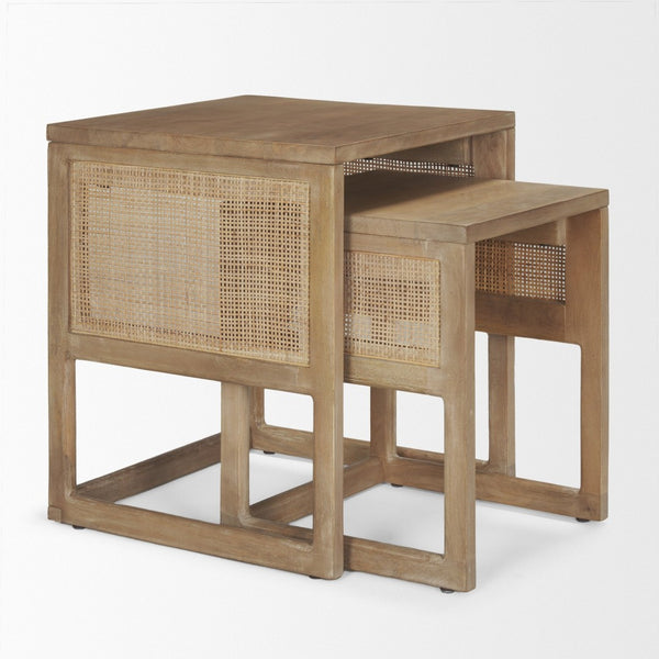 Mercana Grier Elegant Solid Mango Wood Nesting Accent Tables with Modern Lines and Classic Charm Light Brown Wood | Cane Accent | Set of 2 69900