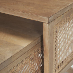 Mercana Grier Elegant Solid Mango Wood Nesting Accent Tables with Modern Lines and Classic Charm Light Brown Wood | Cane Accent | Set of 2 69900