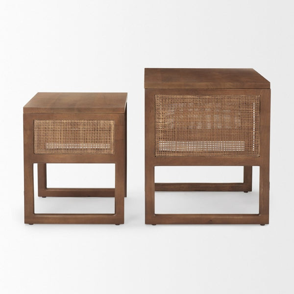 Mercana Grier Elegant Solid Mango Wood Nesting Accent Tables with Modern Lines and Classic Charm Medium Brown Wood | Cane Accent | Set of 2 69901