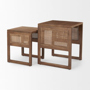 Mercana Grier Elegant Solid Mango Wood Nesting Accent Tables with Modern Lines and Classic Charm Medium Brown Wood | Cane Accent | Set of 2 69901