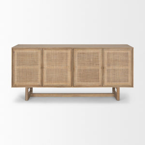Mercana Grier Solid Wood Sideboard with Cane Doors - Stylish Storage Solution for Modern Dining Spaces Light Brown Wood | Cane Accent 69895
