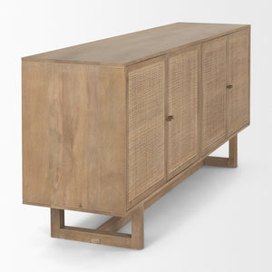 Mercana Grier Solid Wood Sideboard with Cane Doors - Stylish Storage Solution for Modern Dining Spaces Light Brown Wood | Cane Accent 69895