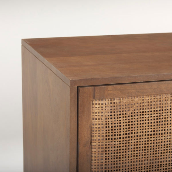 Mercana Grier 65" Rustic Mango Wood Media Console with Woven Cane Doors for Stylish Living Room Storage Medium Brown Wood | Cane Accent 69897